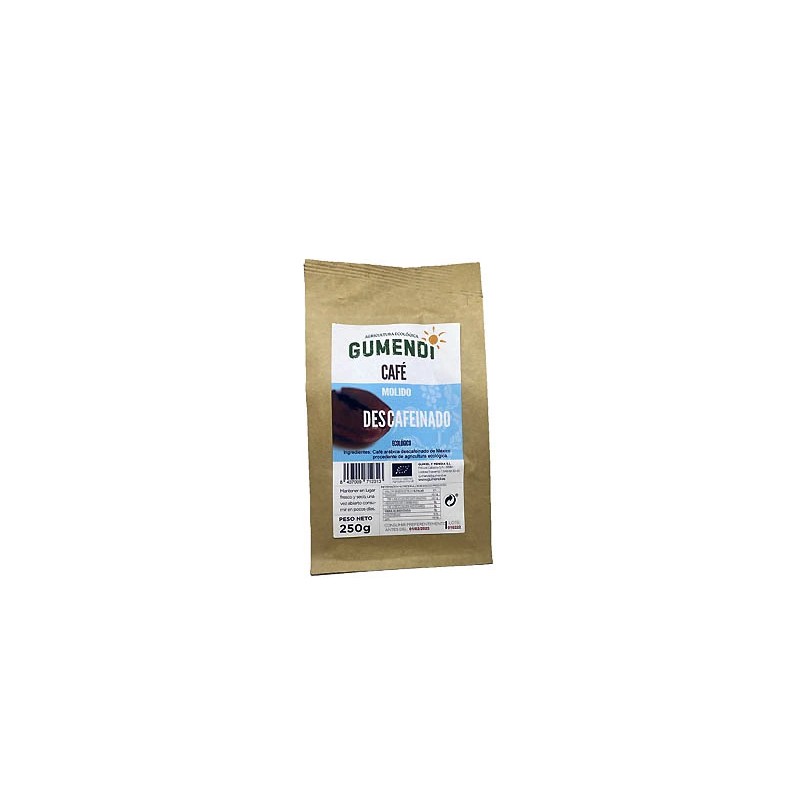 Paquete de café descafeinado molido ecológico Gumendi de 250 gramos en Ecotiendaverde.