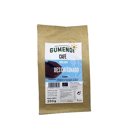 Paquete de café descafeinado molido ecológico Gumendi de 250 gramos en Ecotiendaverde.