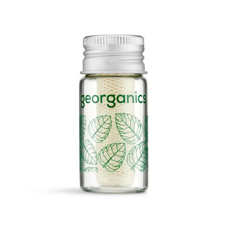 Dispensador de vidrio con seda dental vegana de hierbabuena Georganics libre de plásticos de combustibles fósiles.