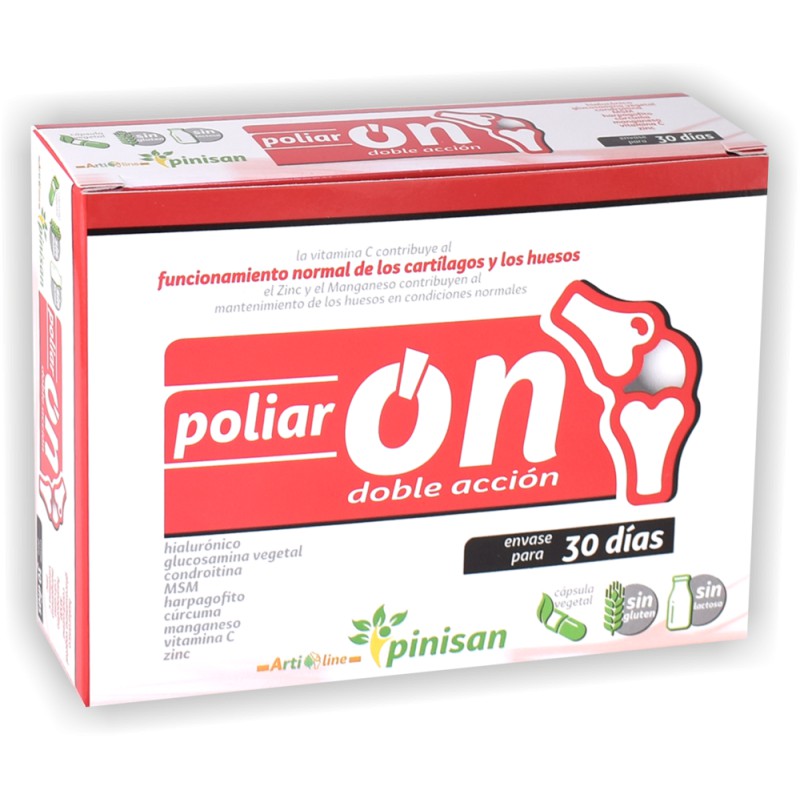 Caja de Poliar On de Pinisan con 60 cápsulas vegetales de doble acción para cartílagos y huesos.