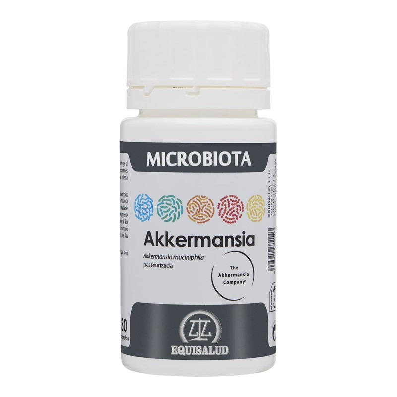 Caja y envase de Microbiota Akkermansia Equisalud 30 capsulas para la barrera intestinal.