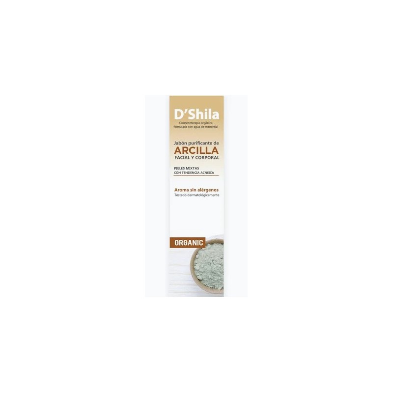 Botella de 250 ml del jabón purificante de arcilla bentonita D’Shila para higiene facial y corporal diaria.