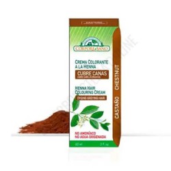 Envase de 80 ml de la crema colorante a la henna tono castaño de Corpore Sano cubrecanas natural