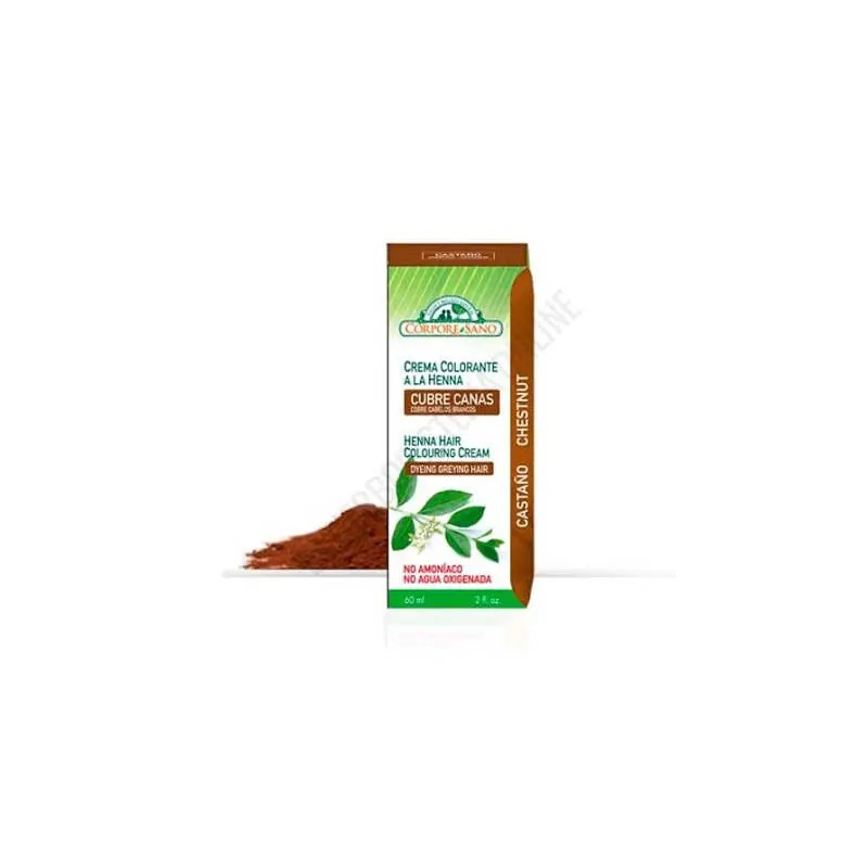 Envase de 80 ml de la crema colorante a la henna tono castaño de Corpore Sano cubrecanas natural