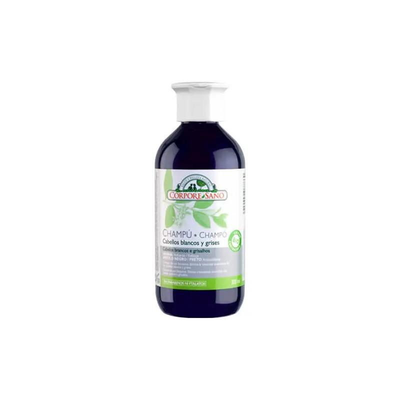 Champú para cabellos blancos y grises con arándano azul y keratina vegetal Corpore Sano de 300ml.
