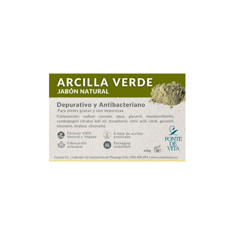 Pastilla de jabón natural de arcilla verde Fonte di Vita de 100 gramos para tratamiento de acné