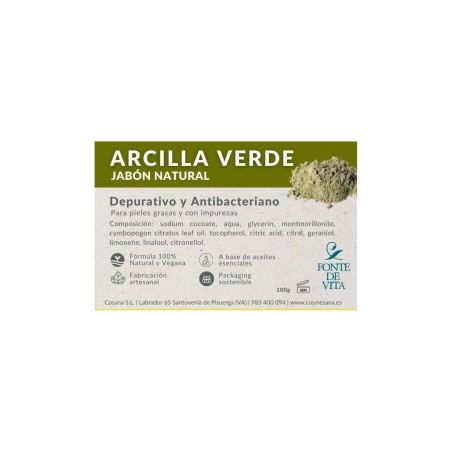 Pastilla de jabón natural de arcilla verde Fonte di Vita de 100 gramos para tratamiento de acné