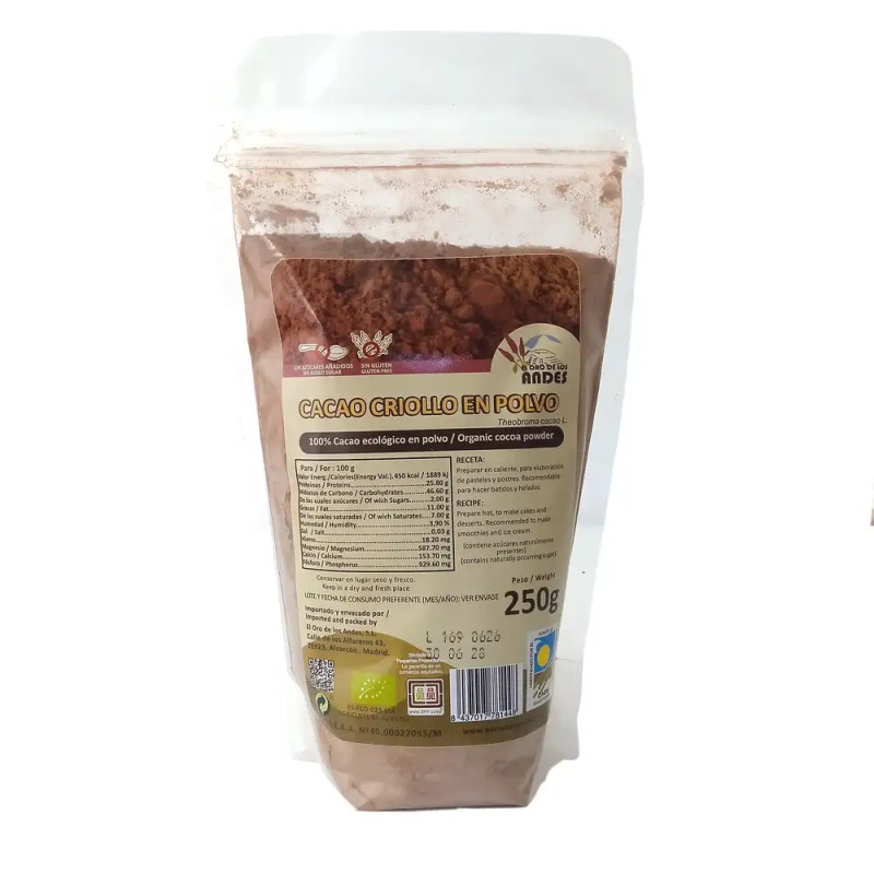 Cacao criollo en polvo El Oro de los Andes bolsa de 250 gramos cacao puro crudo orgánico para repostería saludable