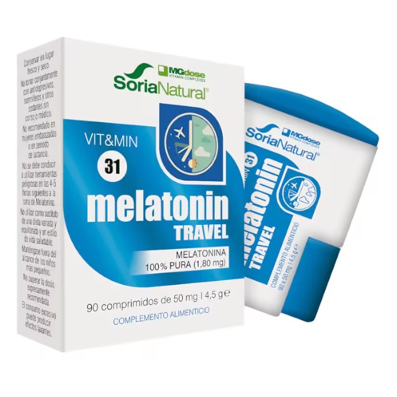 Caja y Bote dosificador de Melatonin Travel en comprimidos de Soria Natural