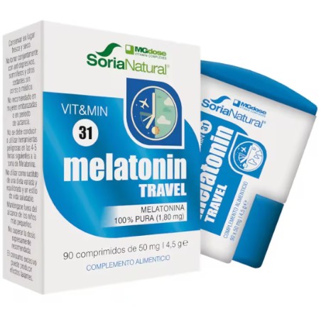 Caja y Bote dosificador de Melatonin Travel en comprimidos de Soria Natural