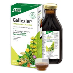 Caja, Frasco y dosificador de Gallexier Jarabe Digestivo Salus de 250 ml a base de plantas amargas naturales