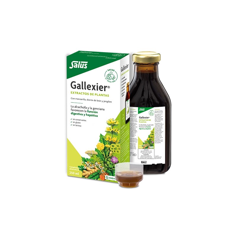 Caja, Frasco y dosificador de Gallexier Jarabe Digestivo Salus de 250 ml a base de plantas amargas naturales