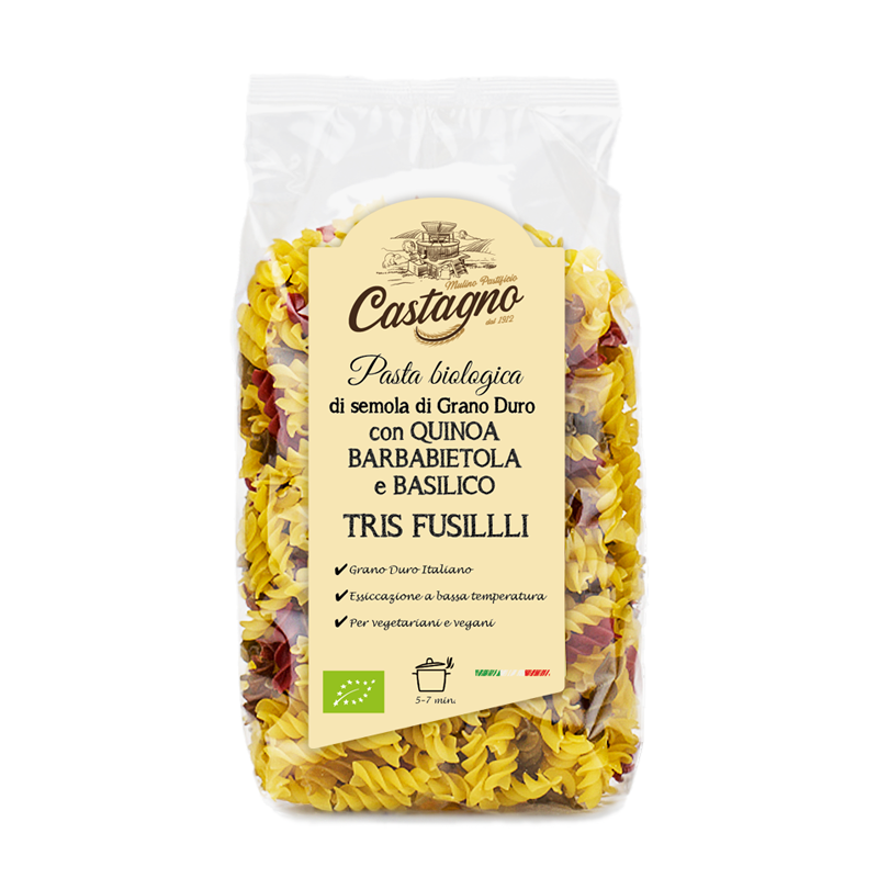 Fusilli espirales de quinoa, remolacha y albahaca ecológicas Castagno